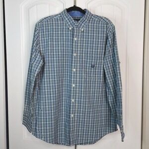 Chaps Mens Medium Blue Yellow Gingham Longsleeve Button Up Easy Care Preppy